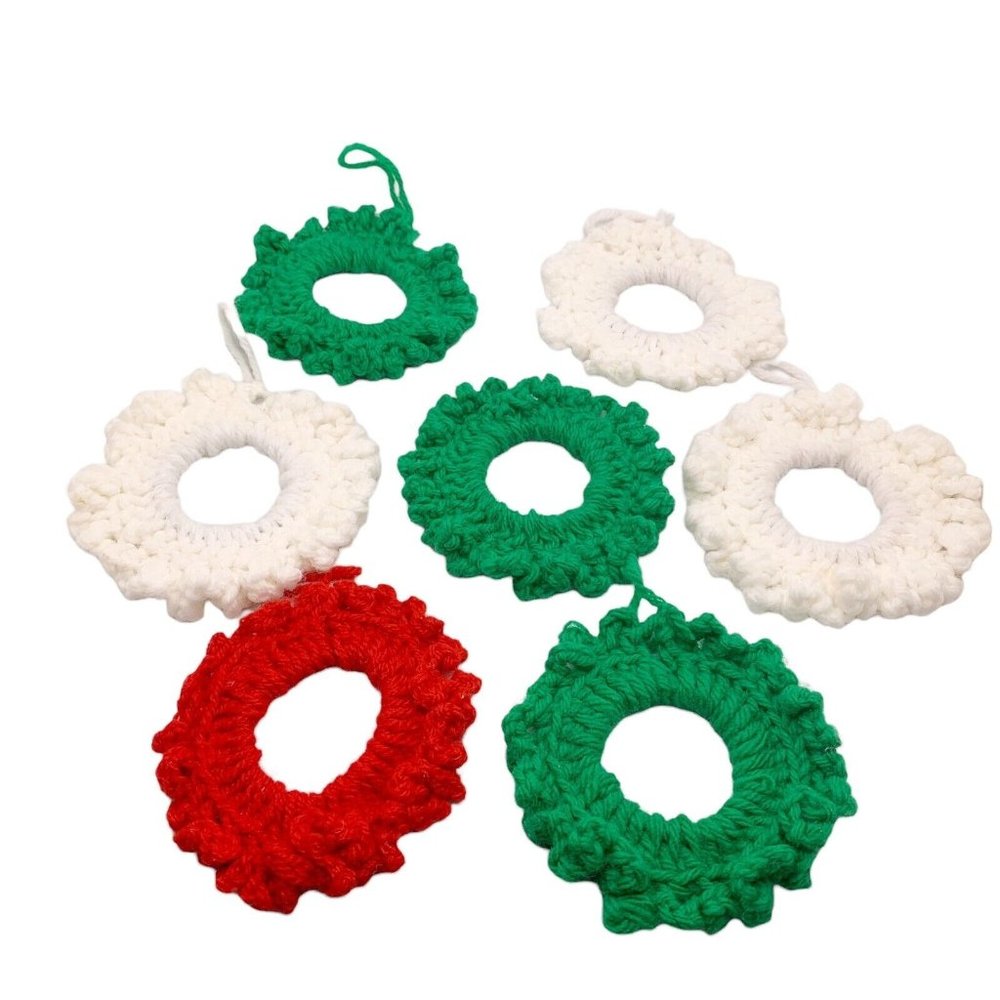 7 Vintage Crochet Christmas Ornaments Wreath Green Red White Handmade Lot